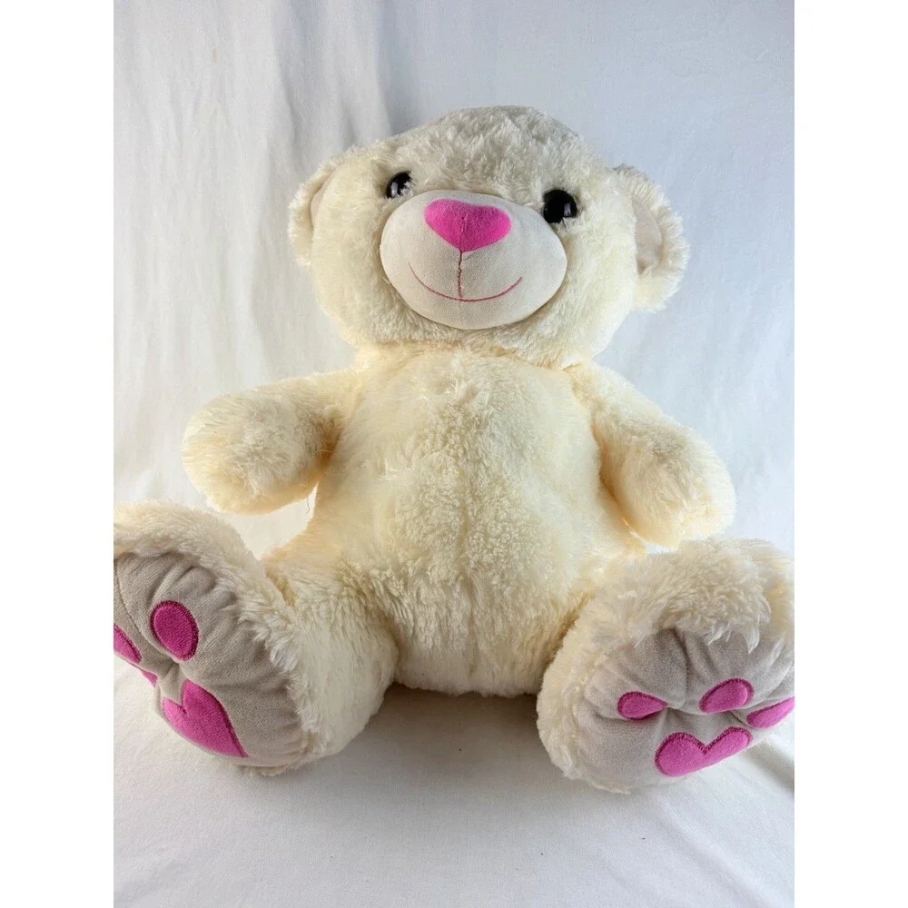 HugFun Teddy Bear Plush 21” Cream White Pink Heart Paws Soft Stuffed Animal